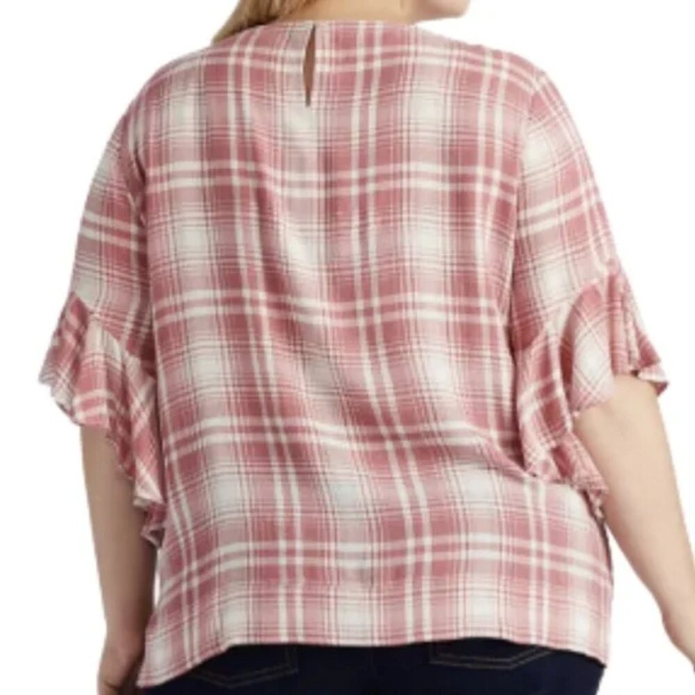 🔥 Chaps | Pink/White Plaid Bell-Sleeve Ruffled Blouse 1X - Picture 2 of 6